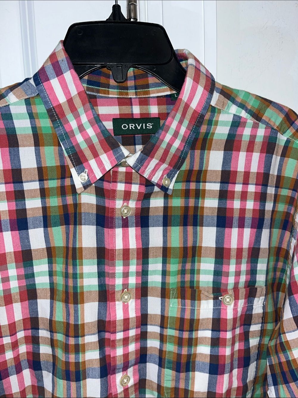 Orvis Madras India made SS classic check plaid field cotton shirt L Pink Green